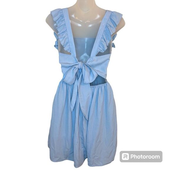 SHEIN Blue Solid Tie Backless Ruffle Trim Dress Size XS - Picture 2 of 8